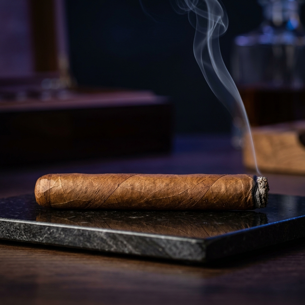 Elegant luxury cigar resting on a dark obsidian stone with a smooth wispy line of smoke rising